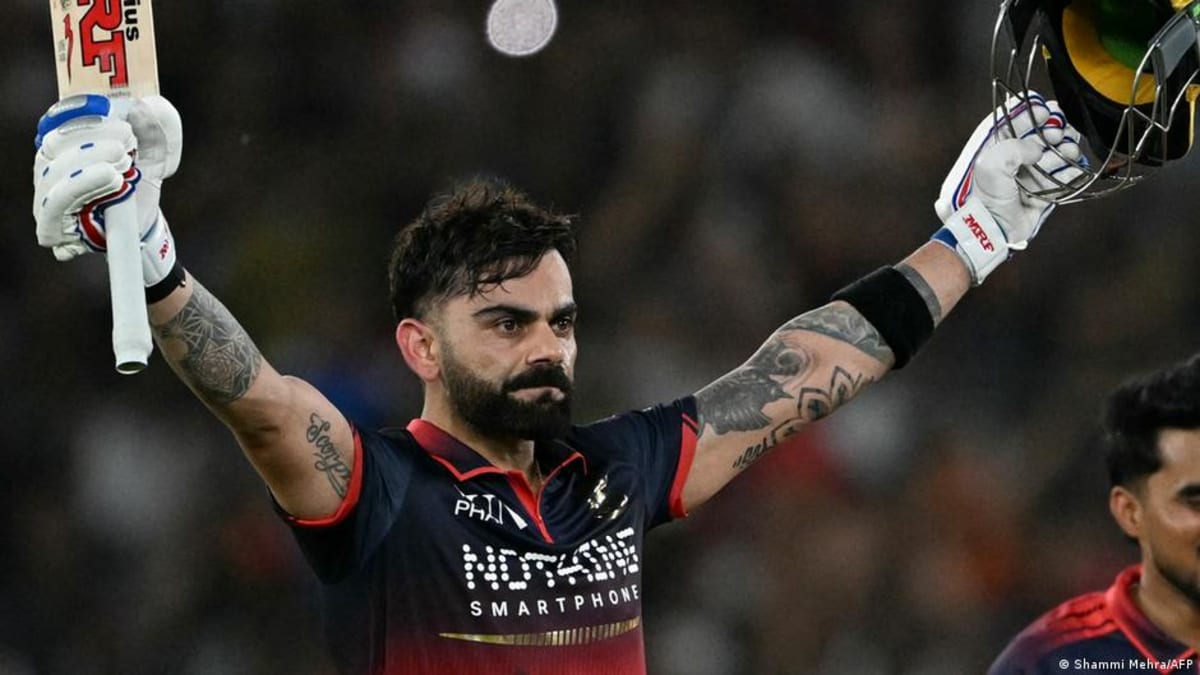 ** Cricket player Virat Kohli celebrating with bat raised after hitting winning shot