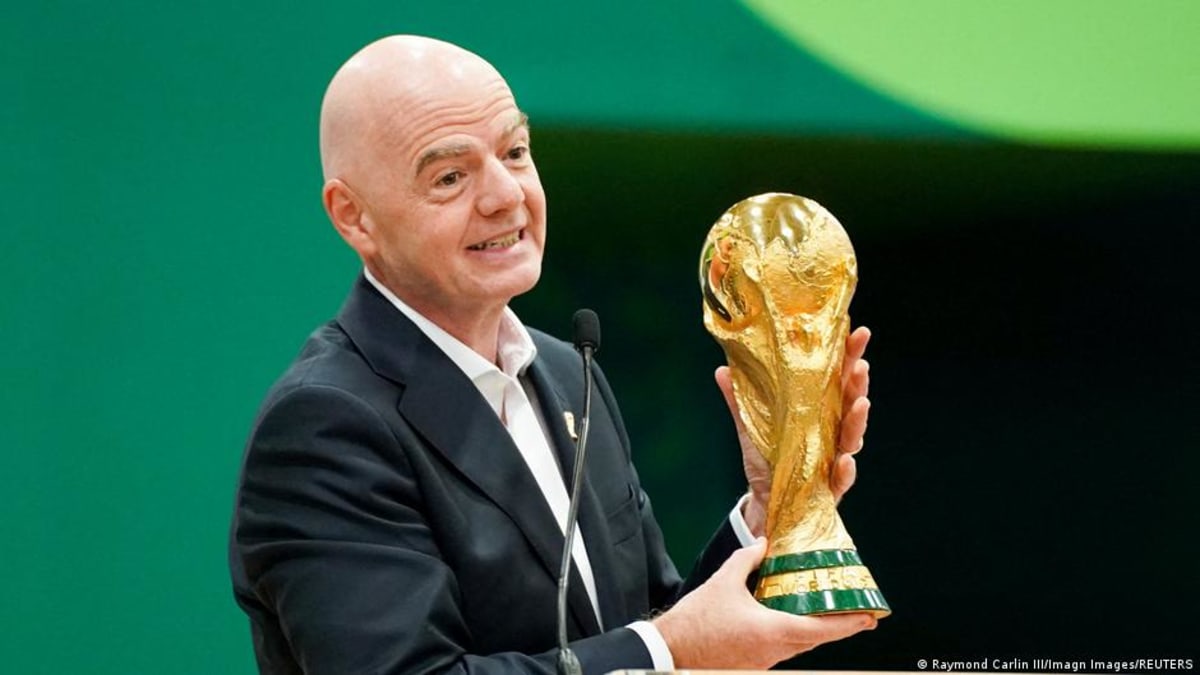 FIFA President Gianni Infantino at podium during football federation meeting about World Cup governance