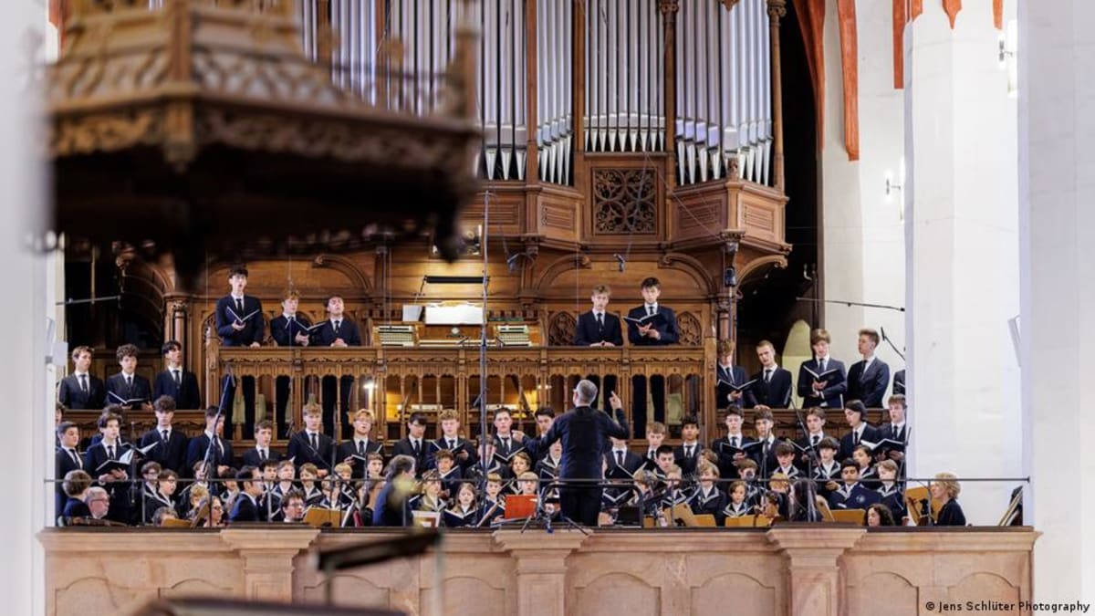 St. Thomas Boys Choir performing at Leipzig Bach Festival opening concert in historic church