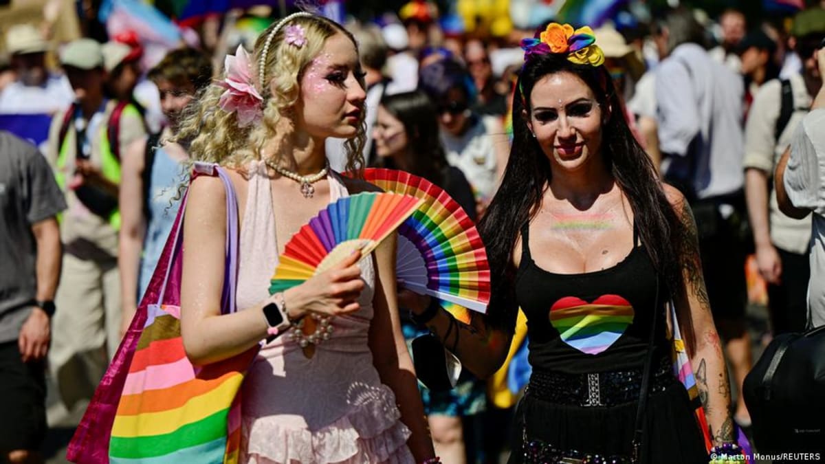 Thousands of people march through Budapest city center during Pride celebration parade