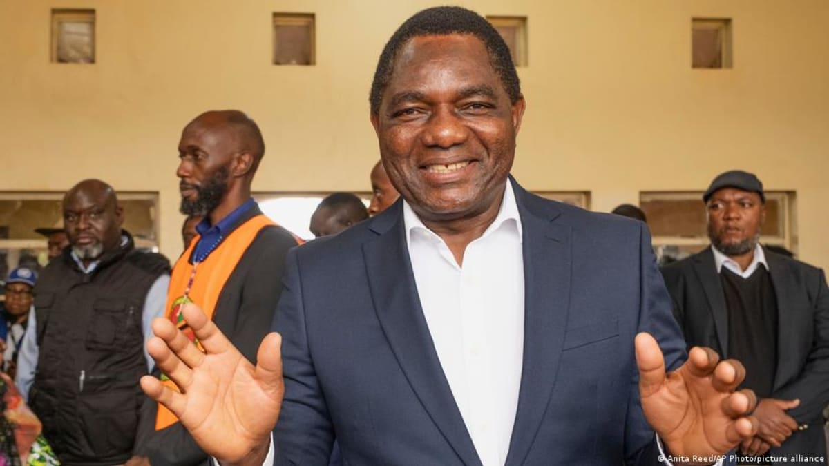 Zambian President Hakainde Hichilema celebrating his re-election victory with supporters in Zambia