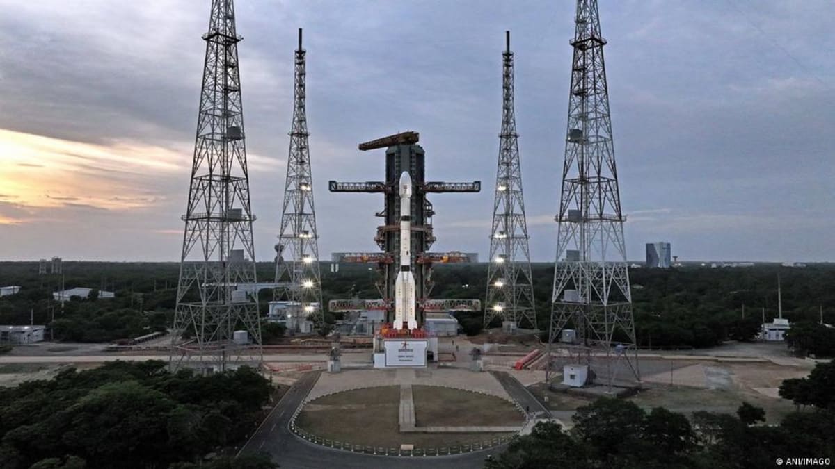 ** Rocket carrying India's EOS-05 satellite launching into sky from ISRO spaceport