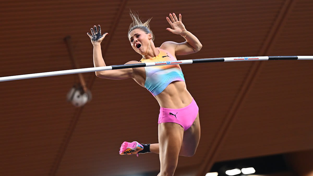 ** Nina Kennedy celebrates after clearing the bar during her record-breaking pole vault in Monaco