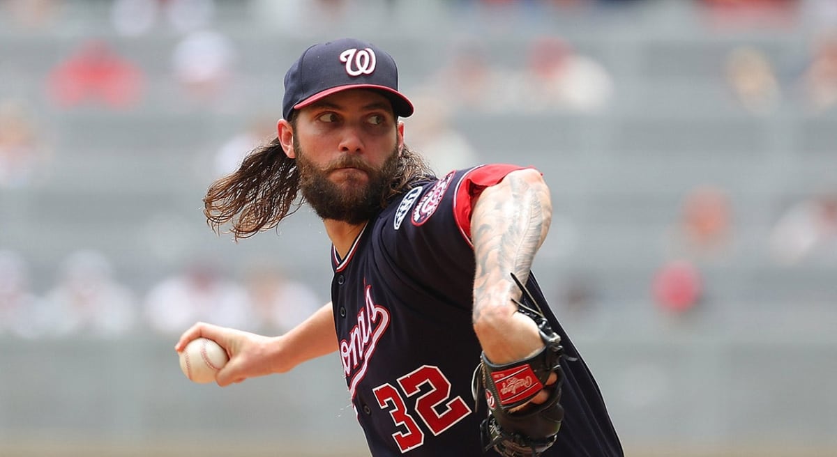 Trevor Williams pitching for Washington Nationals during baseball game at stadium