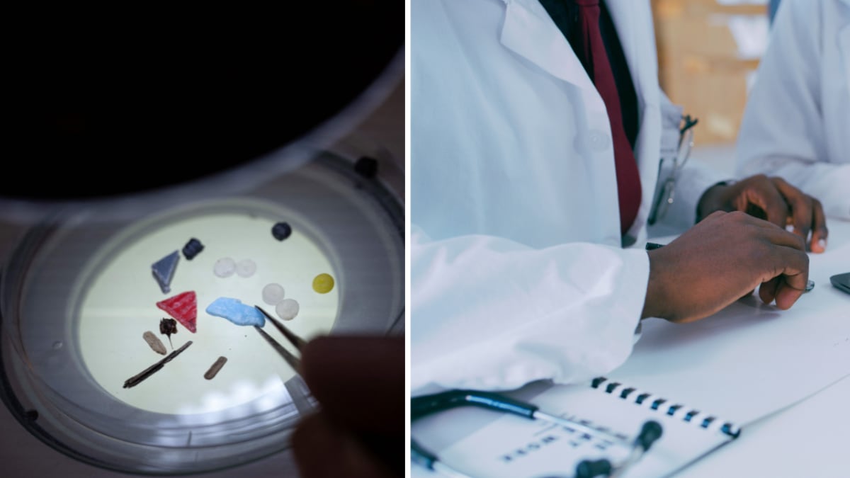 Scientists examining microplastic particles under microscope in medical research laboratory setting