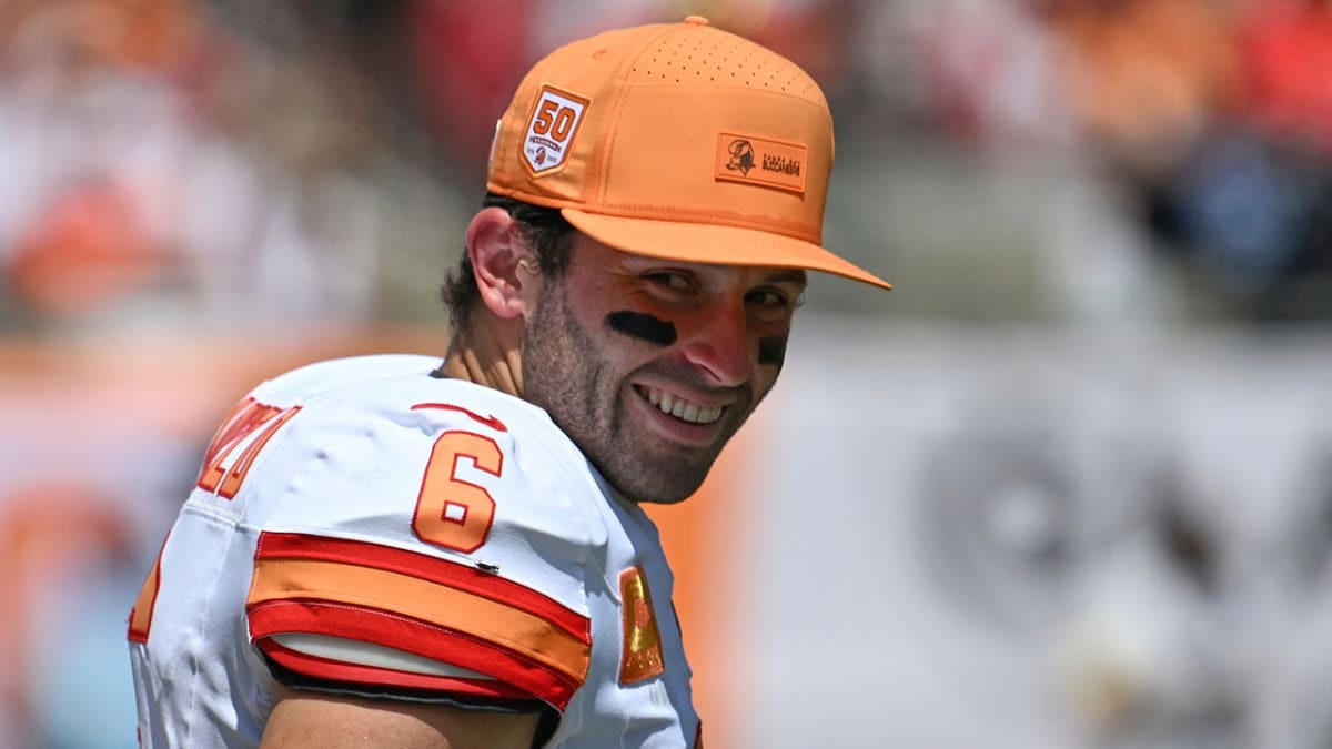 Tampa Bay Buccaneers quarterback Baker Mayfield celebrating during a game in team uniform
