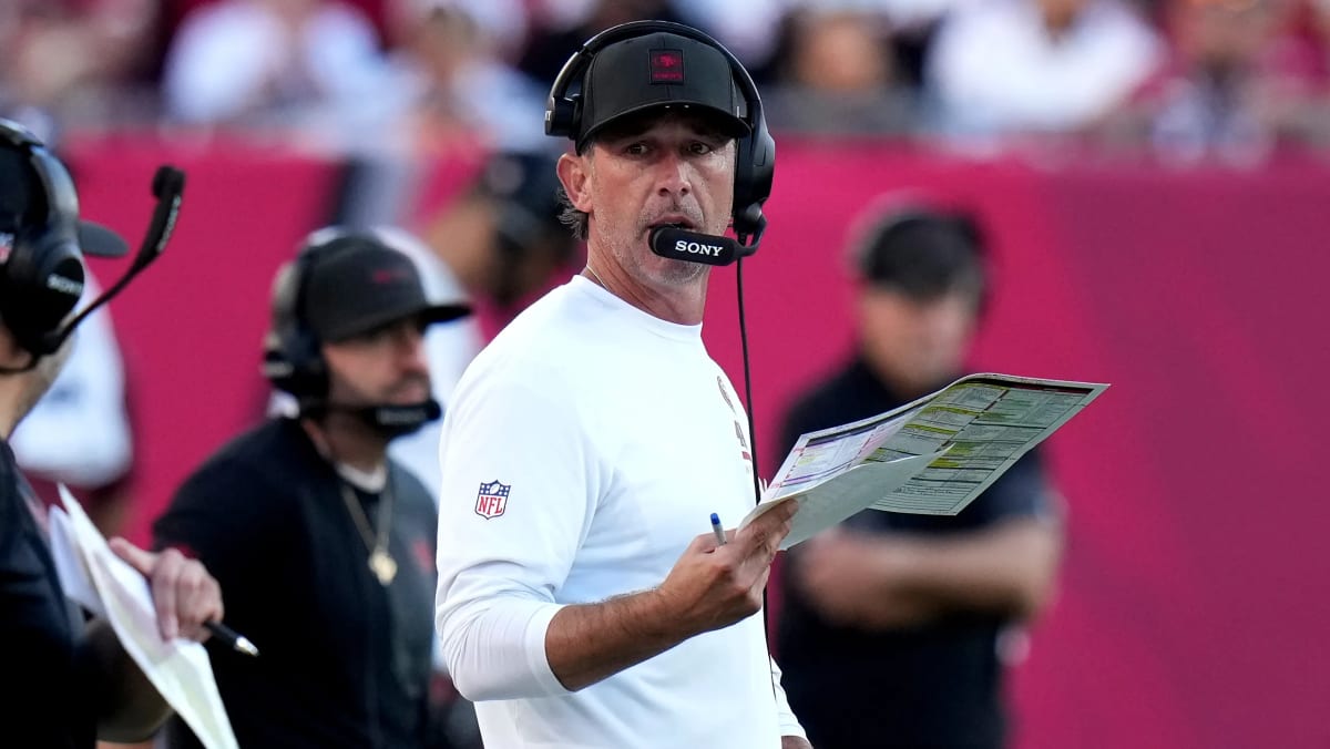 San Francisco 49ers head coach Kyle Shanahan speaking at press conference after recovery from car accident