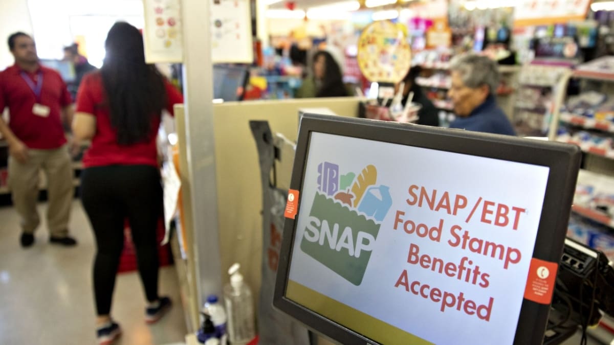 Fresh eggs, chicken, whole grain bread, and fruit displayed on grocery store shelves