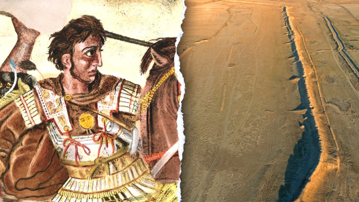 Aerial view of archaeological excavation site showing ancient city ruins in southern Iraq desert