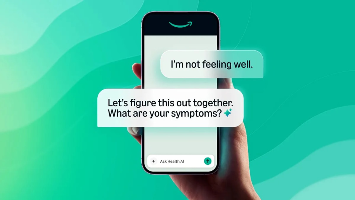 ** Person using smartphone to access Amazon Health AI digital assistant for medical questions