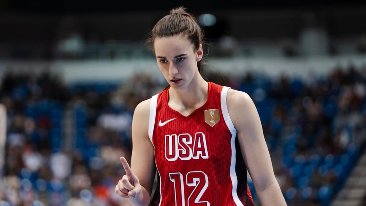 Caitlin Clark wearing Team USA number 12 jersey during FIBA World Cup qualifying game