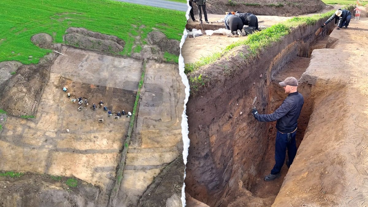 Aerial view of archaeological excavation site showing ancient temple foundations at Hedegård, Denmark