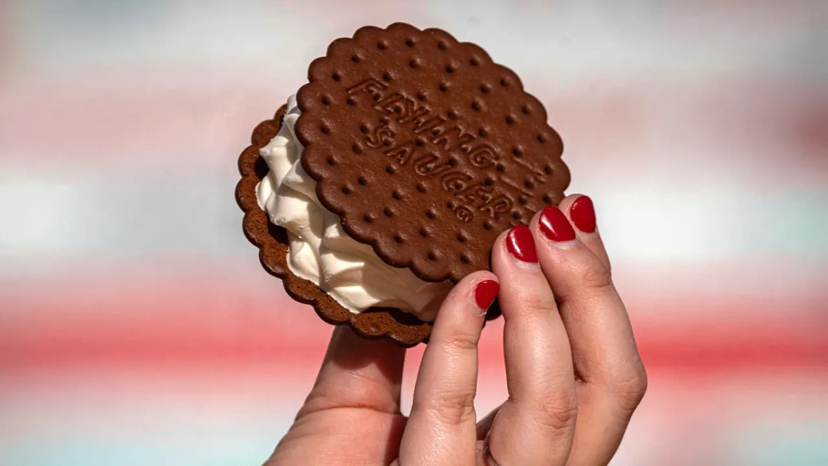 Carvel Flying Saucer ice cream sandwich with vanilla soft serve between chocolate wafers