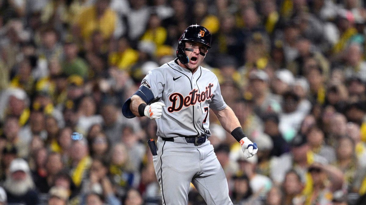 Kevin McGonigle celebrates after hitting game-winning single for Detroit Tigers at Petco Park
