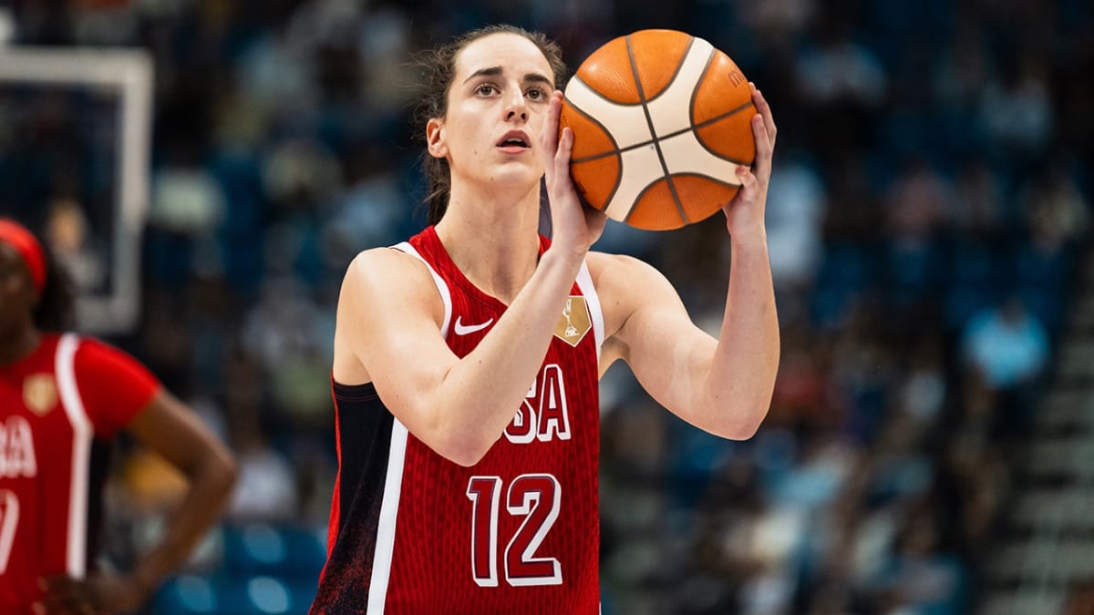 Caitlin Clark in Team USA jersey preparing for free throw at FIBA tournament