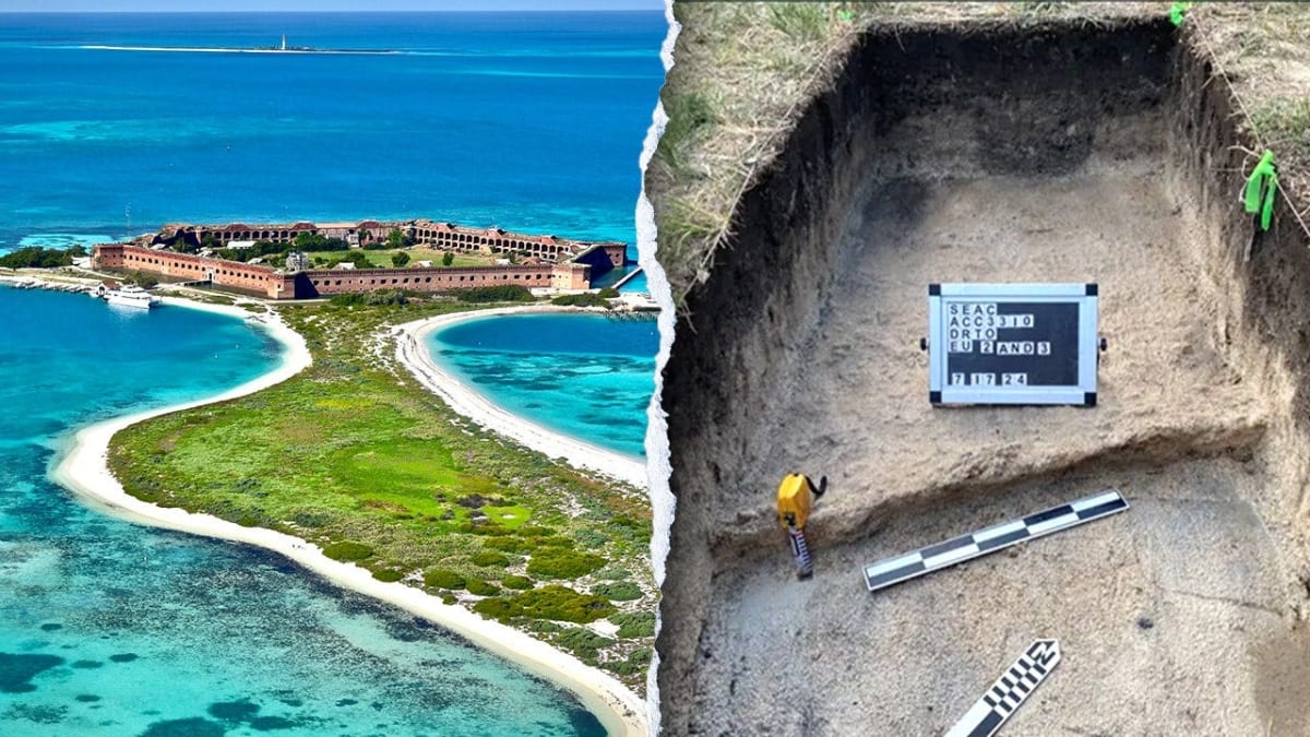 Aerial view of historic Fort Jefferson fortress walls on remote island in Dry Tortugas