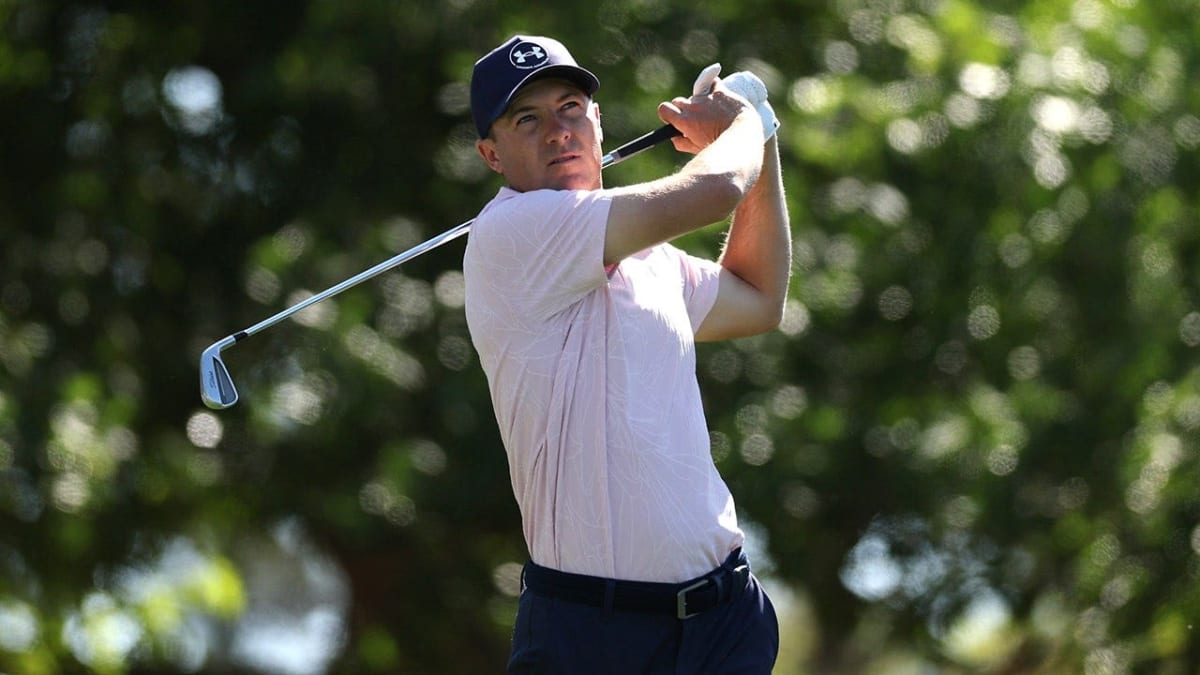 Jordan Spieth playing his tee shot during second round of Masters Tournament at Augusta National
