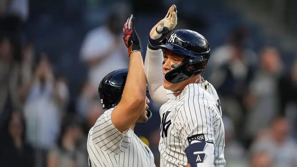Aaron Judge celebrating home run during historic two-homer game against Angels at Yankee Stadium