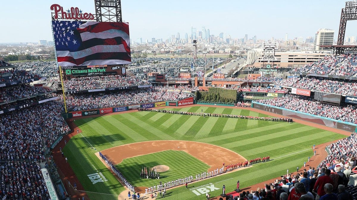 Citizens Bank Park baseball stadium in Philadelphia during national anthem on opening day