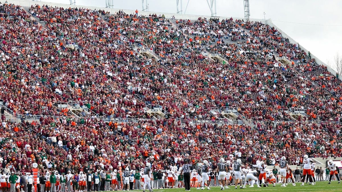 Emergency rescue crane positioned at Lane Stadium scoreboard during Virginia Tech spring game