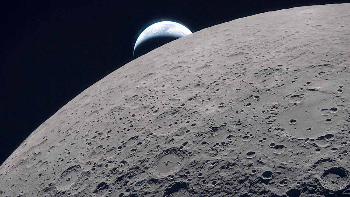 Blue Origin's Blue Moon lander approaching the lunar surface near the Moon's south pole