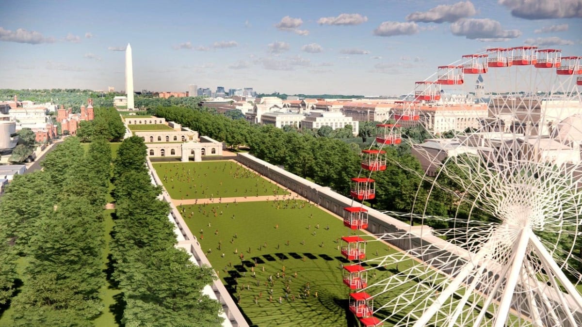 Aerial rendering of National Mall with 110-foot Ferris wheel and state pavilions for America's 250th anniversary celebration