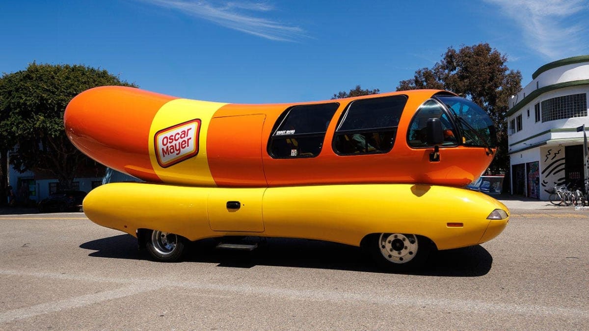 The iconic Oscar Mayer Wienermobile, a 27-foot hot dog shaped vehicle on wheels