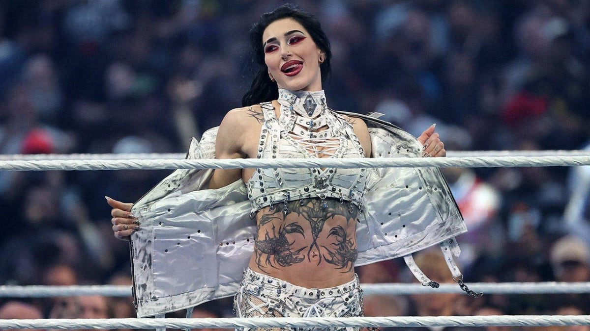 Rhea Ripley raises championship belt in celebration at WrestleMania 42 in Las Vegas