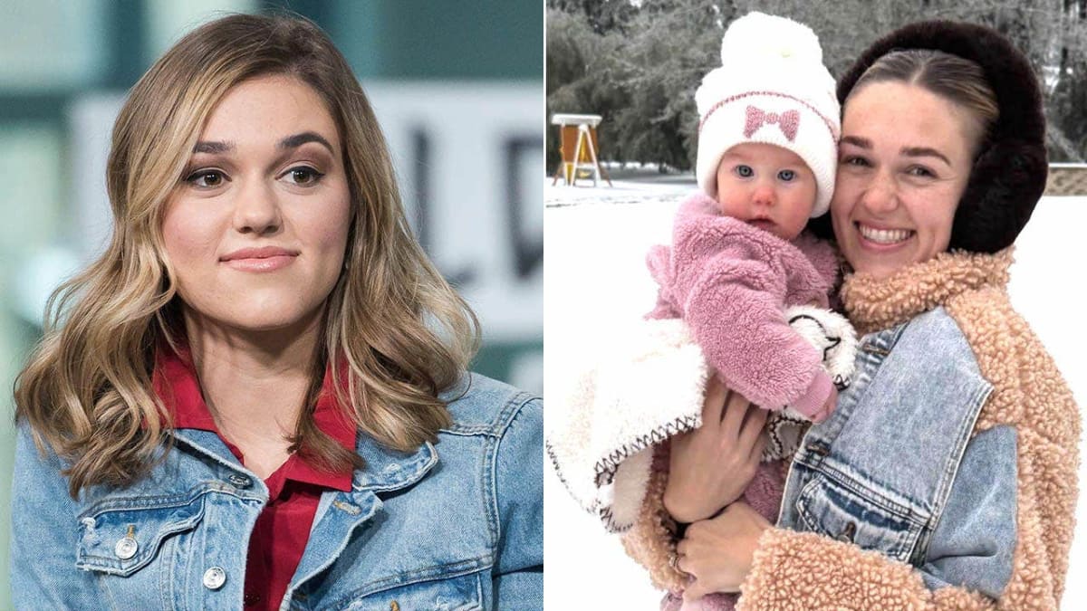 Sadie Robertson holding baby daughter Kit on porch swing after choking emergency recovery