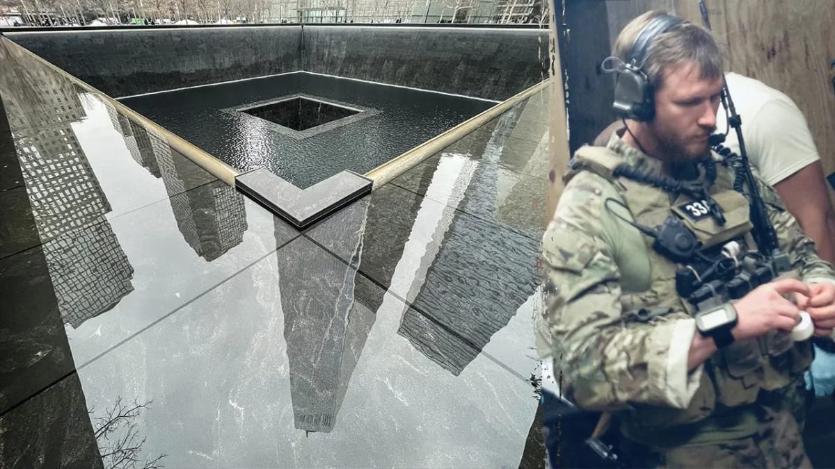 Freedom Tower reflecting in memorial pool at 9/11 Memorial in New York City