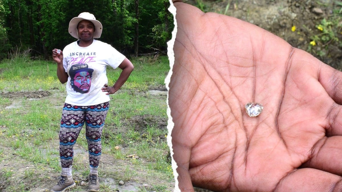 Heart-shaped colorless diamond held in hand, found at Arkansas state park by grieving Pennsylvania woman