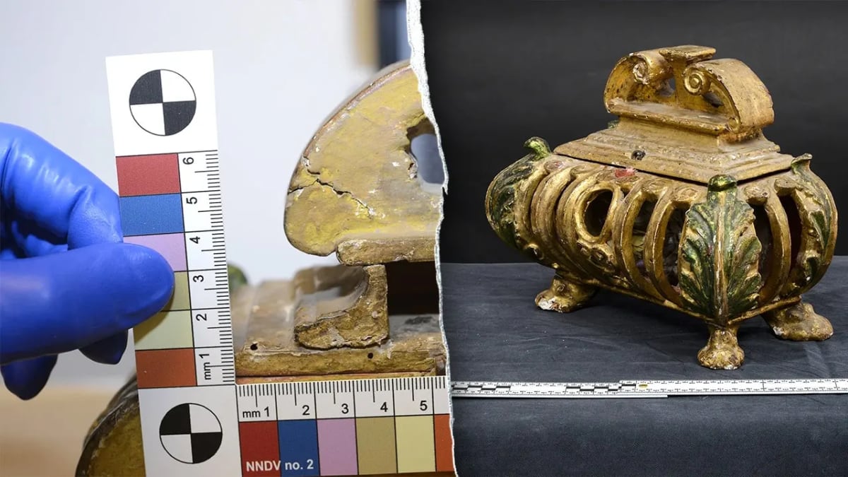 Ornate gilded Baroque reliquary urn with intricate religious decorations recovered by FBI