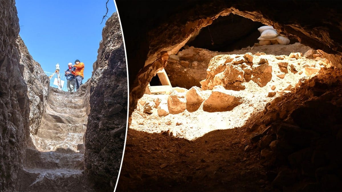 Ancient rock-hewn tunnel passage in Jerusalem showing precise stone carving work