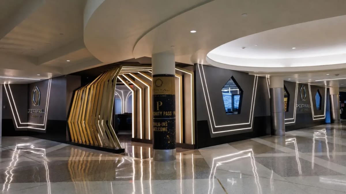 Futuristic airport lounge with glowing portal entrance and modern seating areas