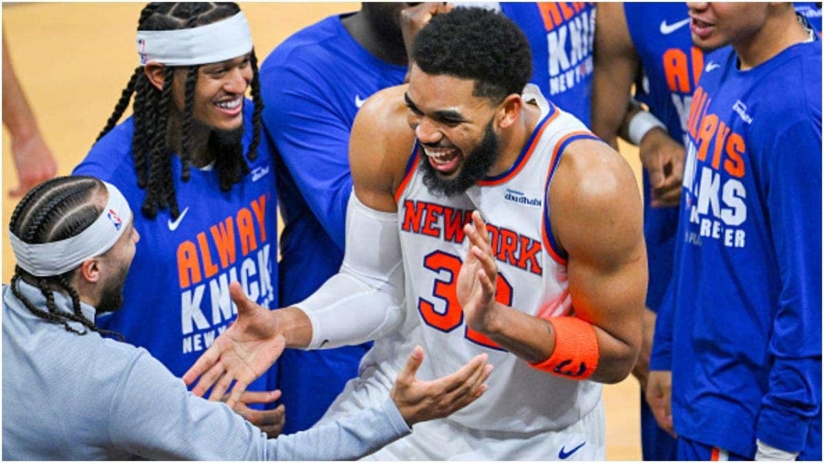 Karl-Anthony Towns celebrating during Knicks Eastern Conference Finals victory in Cleveland