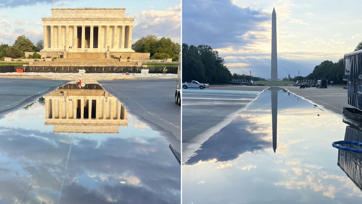 Lincoln Memorial and Washington Monument reflected perfectly in renovated Reflecting Pool water surface