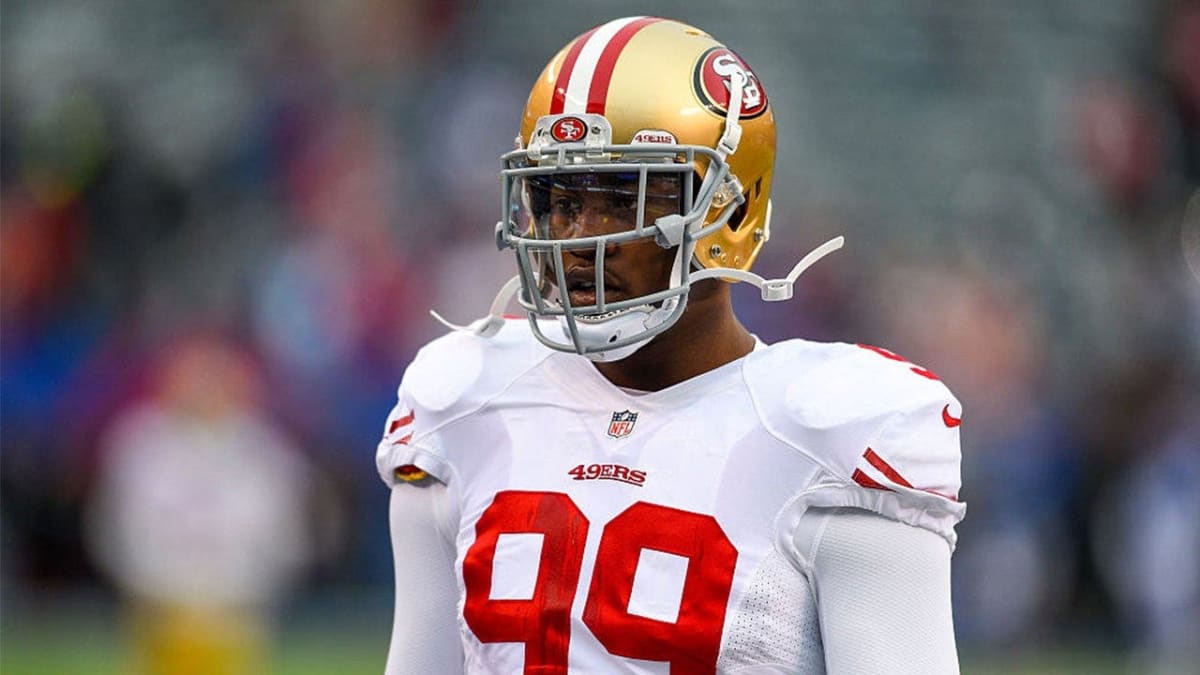 Aldon Smith in San Francisco 49ers uniform during training camp practice in Santa Clara