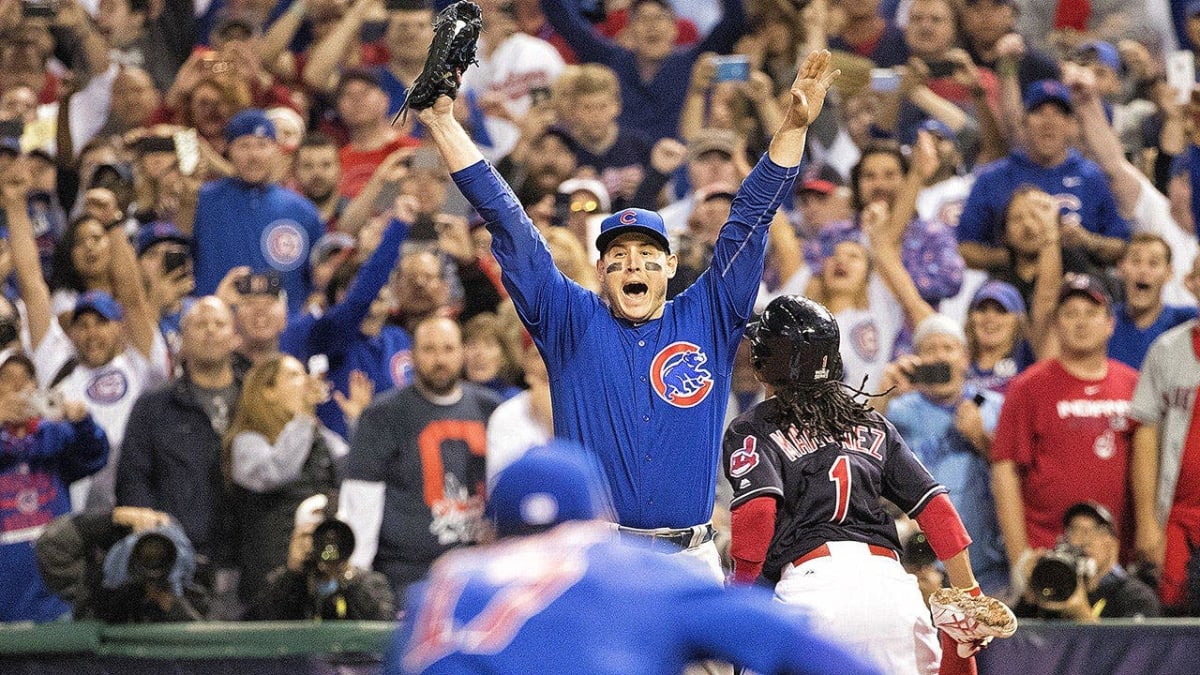 Anthony Rizzo celebrating on field after Chicago Cubs won 2016 World Series championship