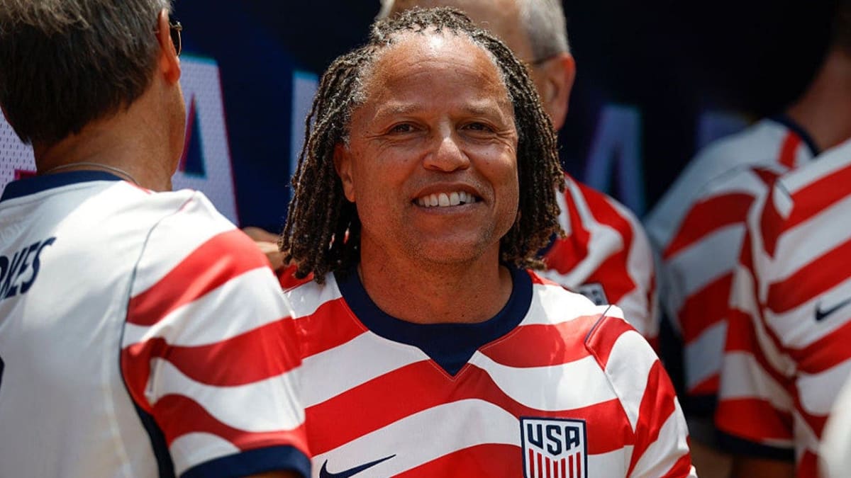 Cobi Jones, former U.S. soccer star, smiling at World Cup 2026 kickoff event