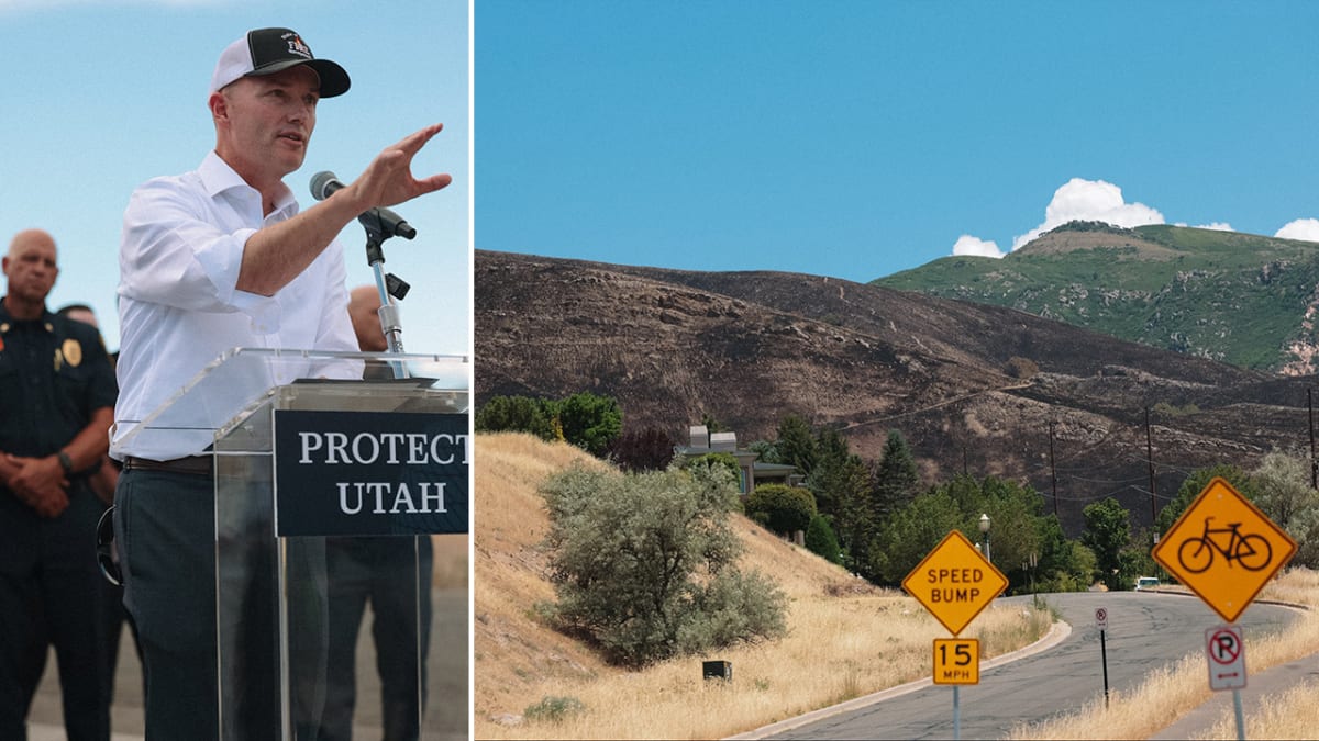 Utah Governor Spencer Cox standing with firefighters discussing wildfire prevention measures