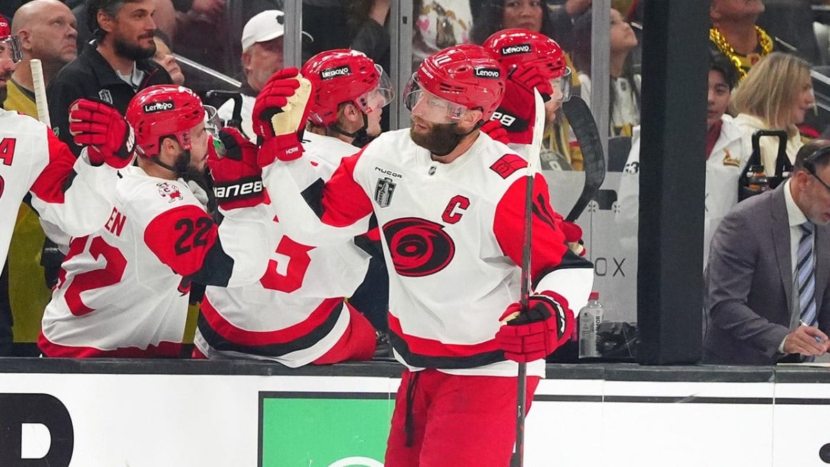Jordan Staal celebrates on ice after scoring power play goal against Vegas Golden Knights