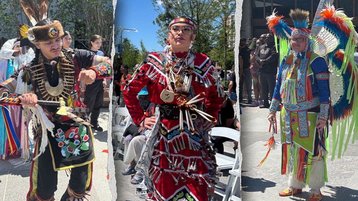 Native American dancers in traditional regalia performing at Obama Presidential Center plaza