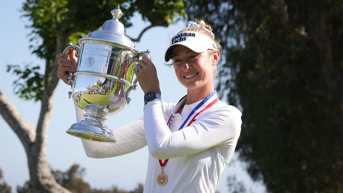 ** Nelly Korda poses with U.S. Women's Open trophy at Riviera Country Club in Los Angeles