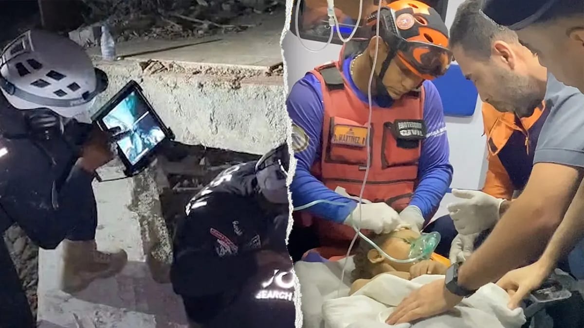 Jordanian rescue workers carefully lift young child from earthquake rubble in Venezuela