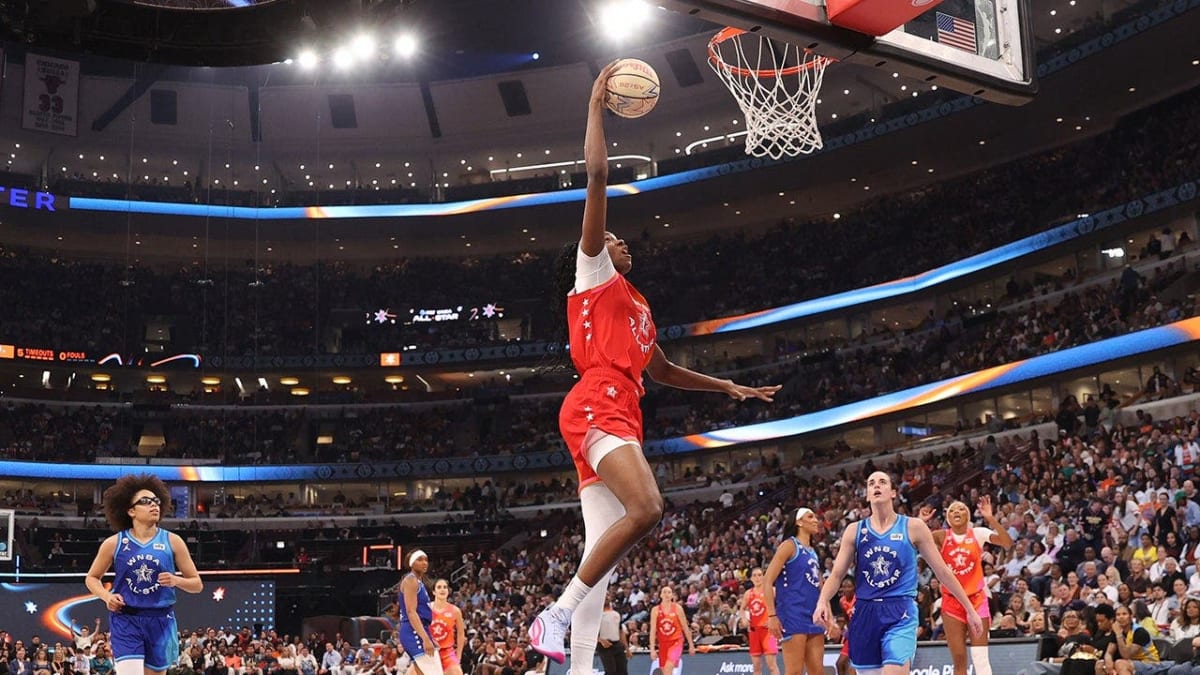 Dominique Malonga dunking basketball during 2026 WNBA All-Star Game in Chicago