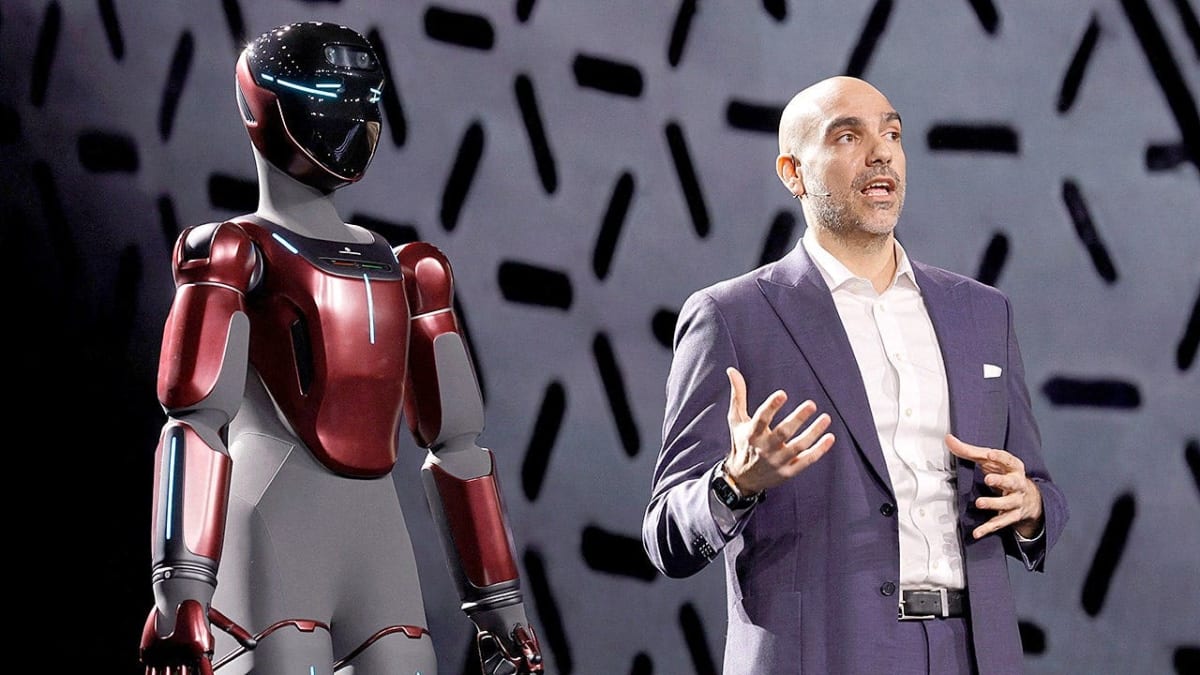 Gene.01 humanoid robot covered in white sensor-filled skin designed to detect nearby people
