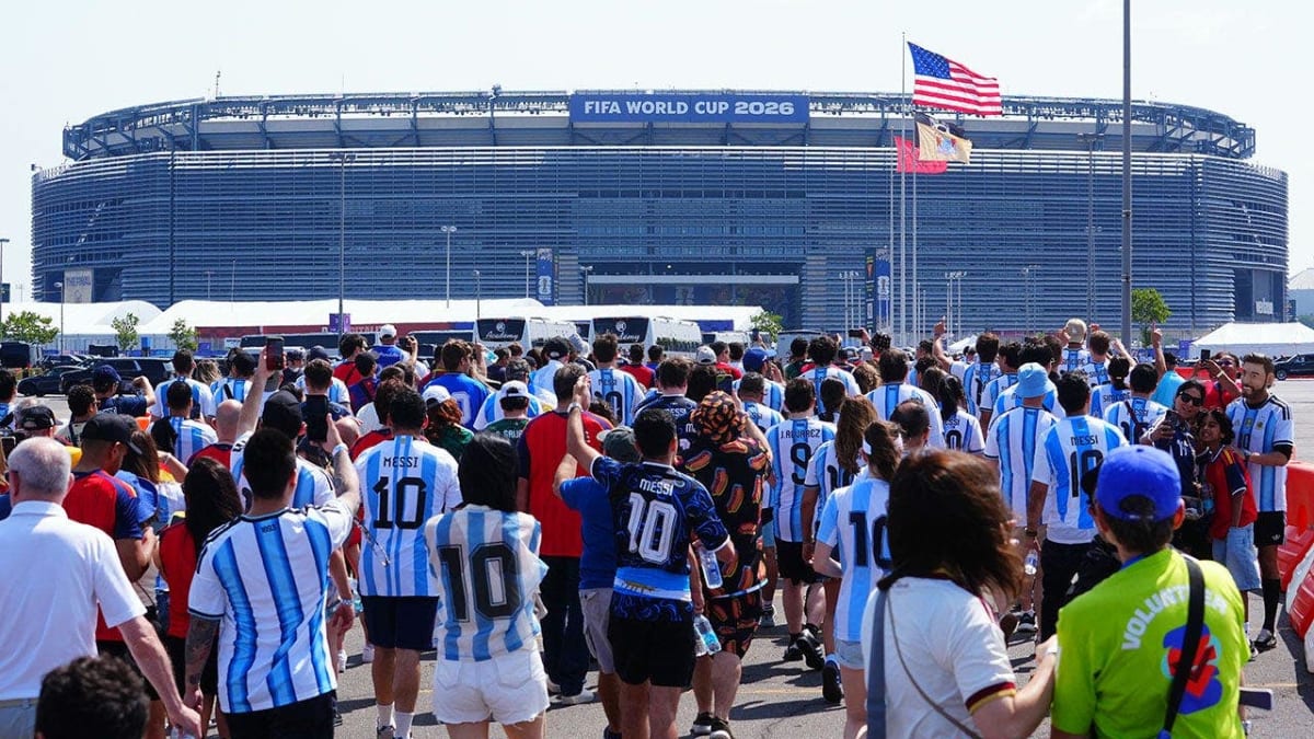 Crowds of soccer fans gathering outside MetLife Stadium in New Jersey during 2026 World Cup