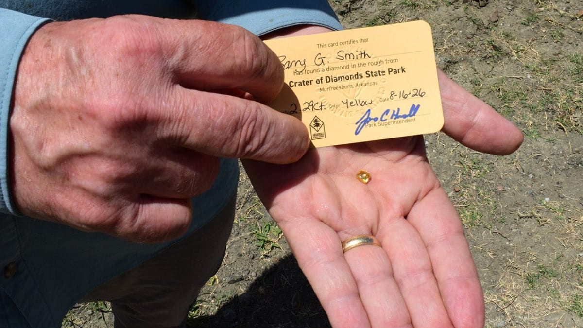 Yellow diamond approximately the size of a black-eyed pea discovered at Arkansas state park