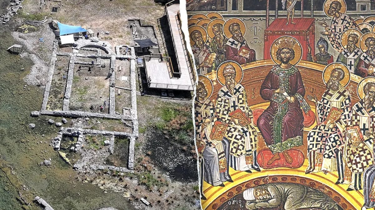 Archaeologists excavating ancient stone church foundations along Lake İznik shoreline in Turkey