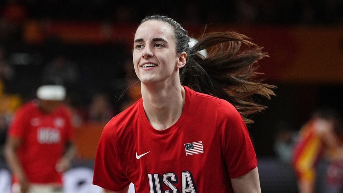 Caitlin Clark in Team USA jersey during FIBA Women's Basketball World Cup game in Berlin